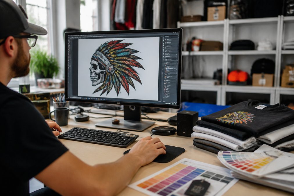 Designer reviewing custom apparel artwork files on computer monitor in bright workspace, with design software displaying vector artwork, color specifications, and print-ready layers