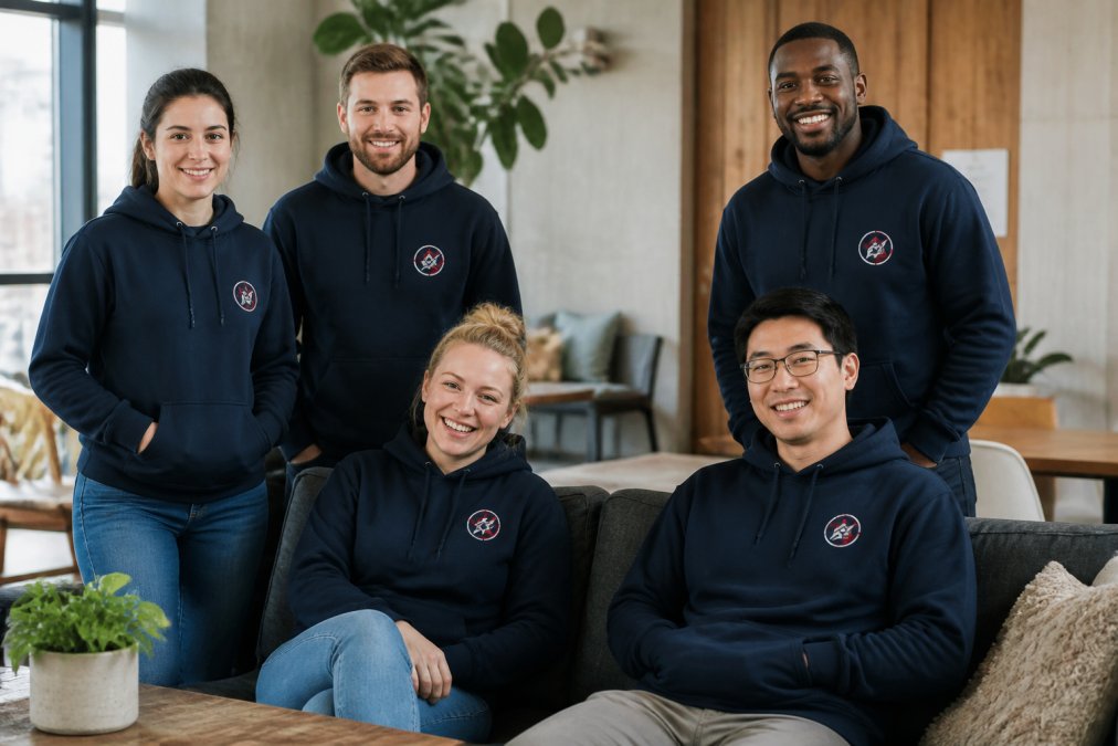 Small team of five employees wearing matching custom branded hoodies in casual office setting, showing quality embroidered logo placement, fit, and color consistency on different body types