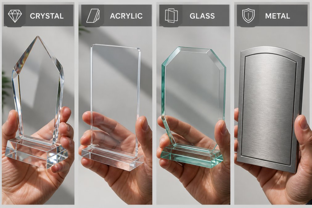 Close-up of hands holding different award materials, crystal, acrylic, glass, and metal plaques, showing texture and finish details in natural light