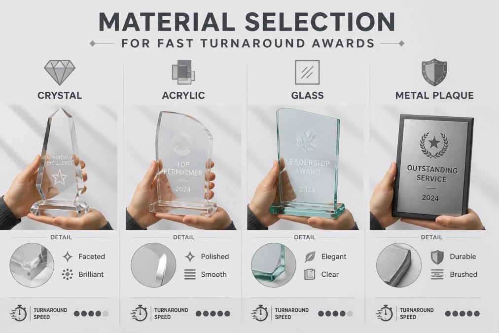 Hands holding different award materials, crystal, acrylic, glass, and metal plaques, showing texture and finish details in natural light