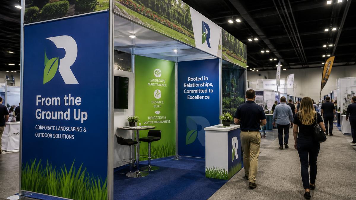Professional event booth at trade show displaying multiple custom vinyl banners with clear typography, vibrant brand colors, and strategic spacing visible from across the convention floor with attendees walking past