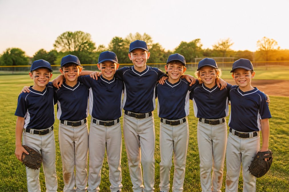A youth baseball team in new matching uniforms standing together on a grass field in Indiana, late afternoon sunlight, smiling at the camera
