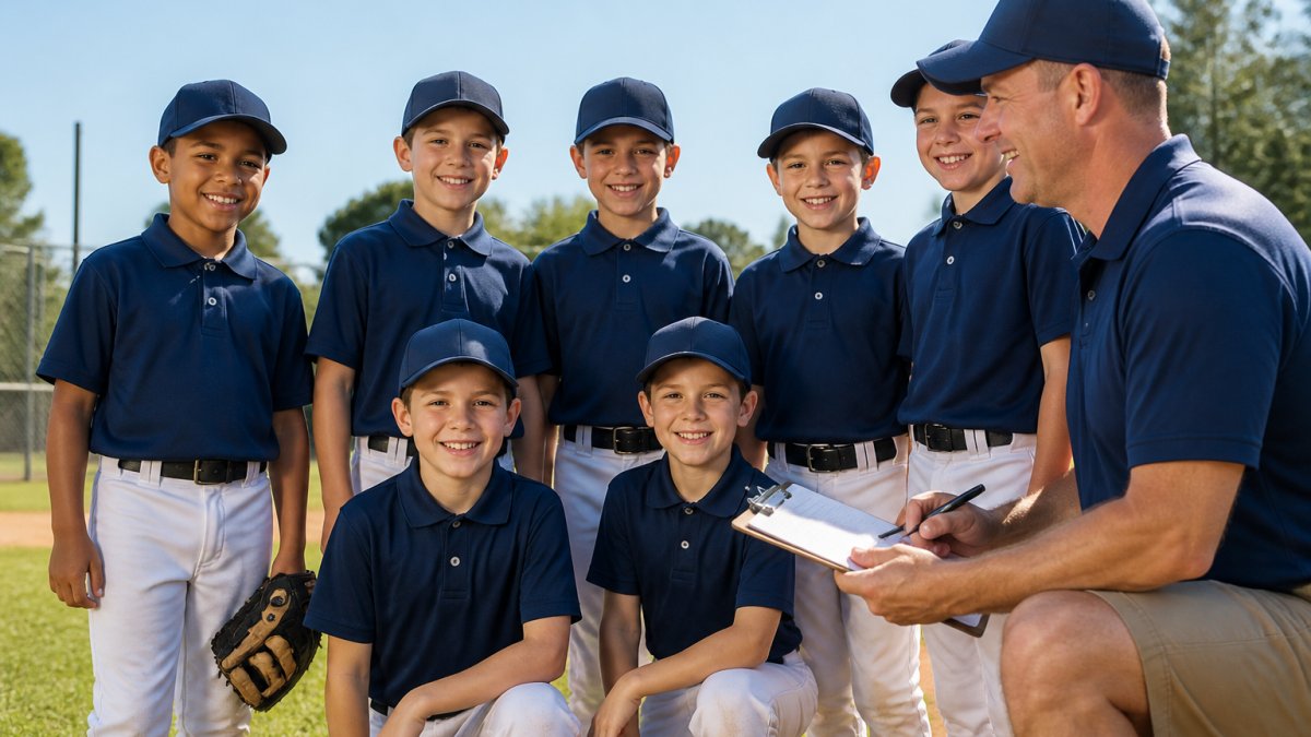 A youth sports team in matching custom polos and caps posing together on a field, coach holding a clipboard, bright outdoor daylight