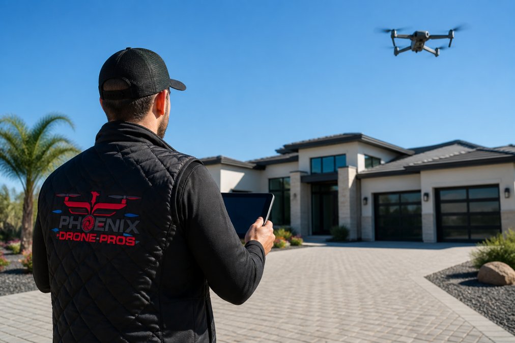 A professional drone pilot in a branded vest holding a tablet controller, standing on the driveway of a modern upscale home, with a quadcopter visible against a clear blue sky