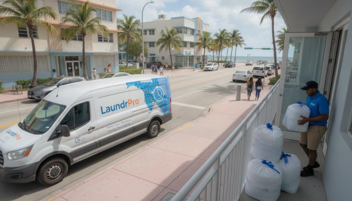 Delivery driver holding a basket of fresh, clean folded laundry at a customer's doorstep in a Miami residential neighborhood