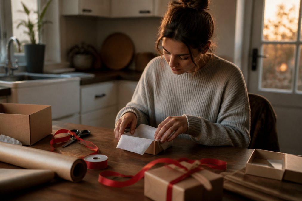 Process flow for ordering fast turnaround personalized gifts usa, showing gift wrapping and online confirmation.
