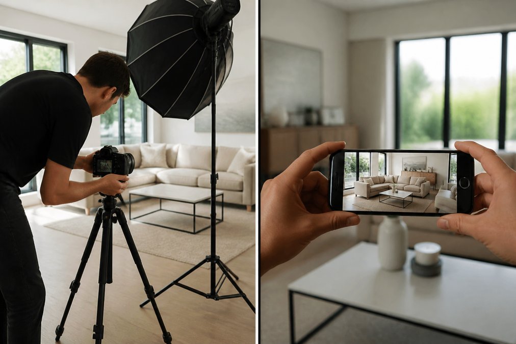 Professional photographer setting up lighting equipment and tripod in a bright, neutral living room with natural light streaming through large windows, preparing to capture property photography