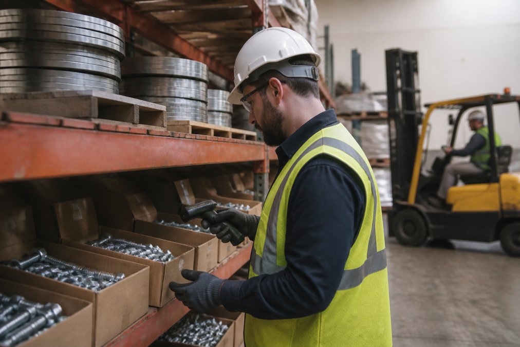 Warehouse worker scanning boxes of bolts at stainless steel fastener suppliers facility