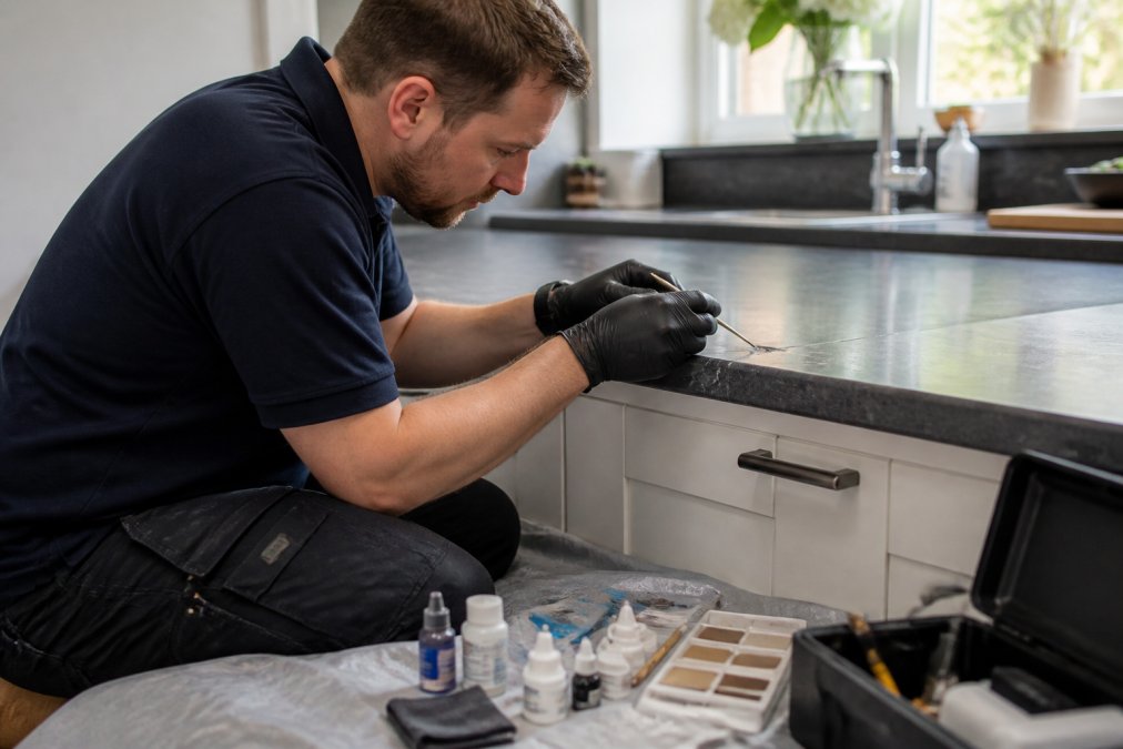 A technician in work clothes kneeling beside a kitchen worktop in a bright domestic kitchen, carefully applying a specialist finish to a small damaged area, with repair tools and colour-matching equipment laid out on a protective sheet nearby