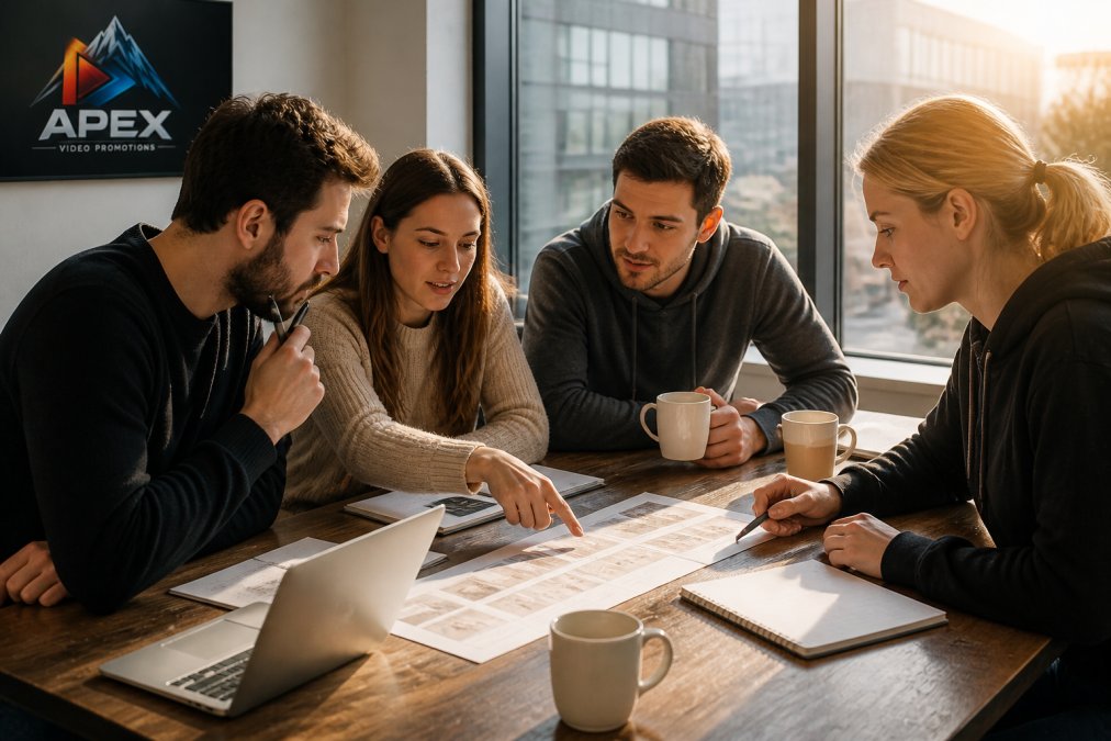 A creative team in a modern office reviewing AI generated video storyboards on a large screen, laptops and coffee cups on the desk, warm afternoon light through the windows
