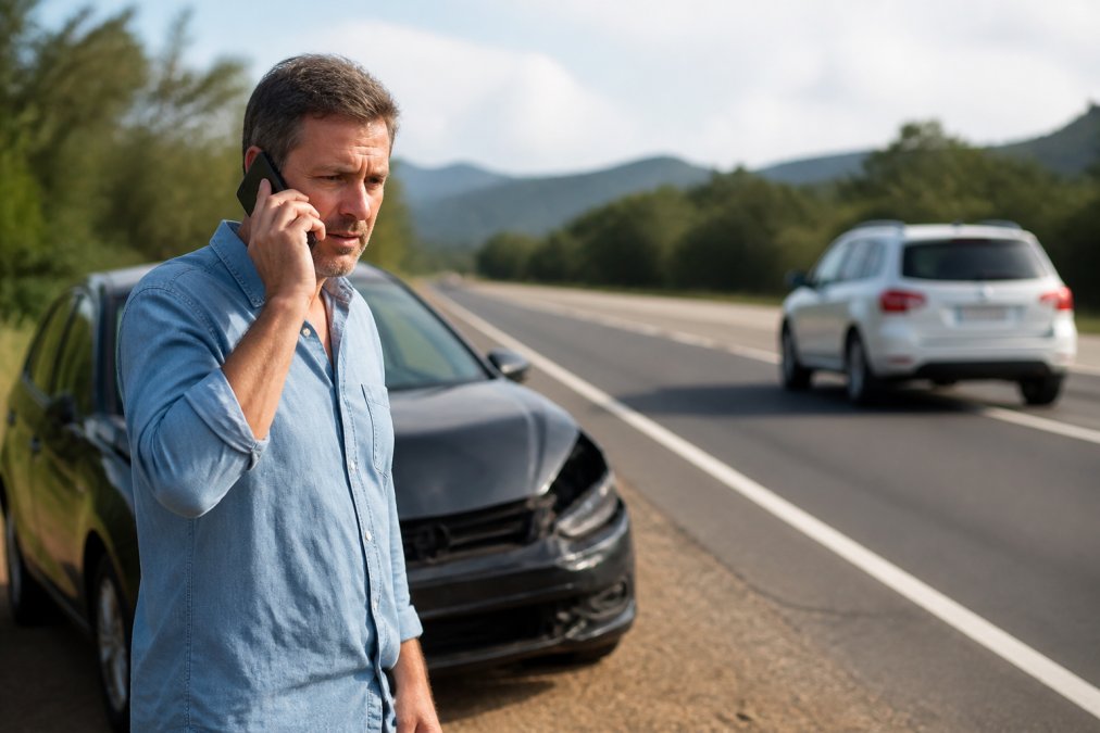 Professional driver on the roadside after a minor accident, using their mobile phone to make a call, with their vehicle visible in the background and another car passing safely in traffic