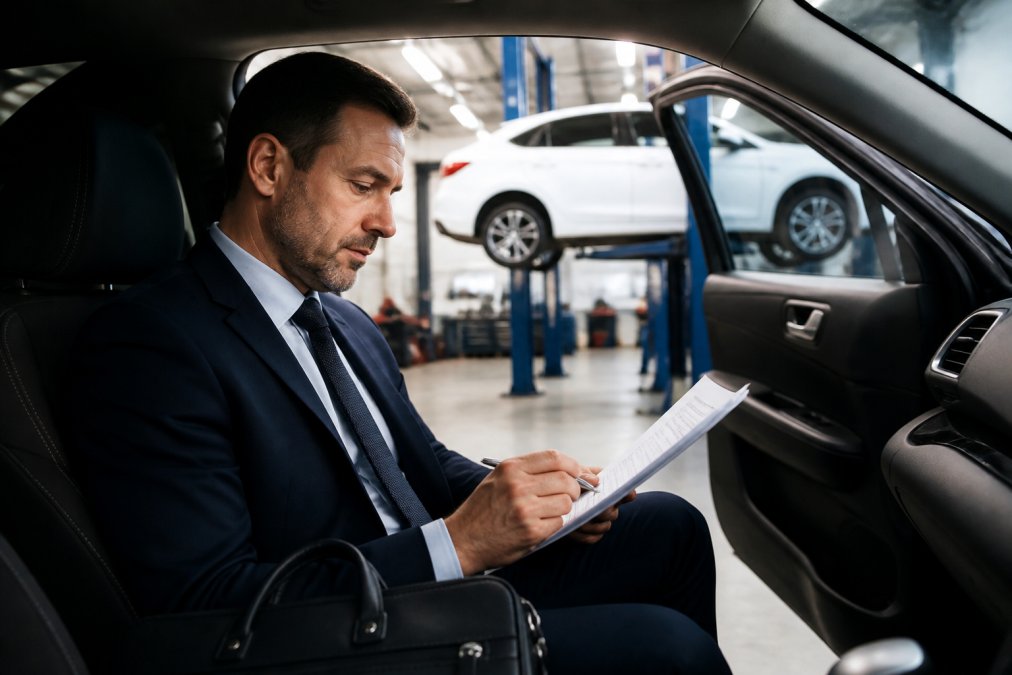 Busy professional in business attire sitting in a hire car, reviewing documents or working on a laptop, with a repair workshop visible in the background