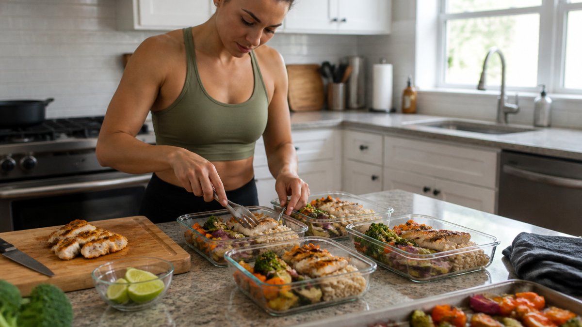 A person in a home kitchen portioning grilled chicken, roasted vegetables, and brown rice into glass containers on a counter with a grocery list and cutting board nearby