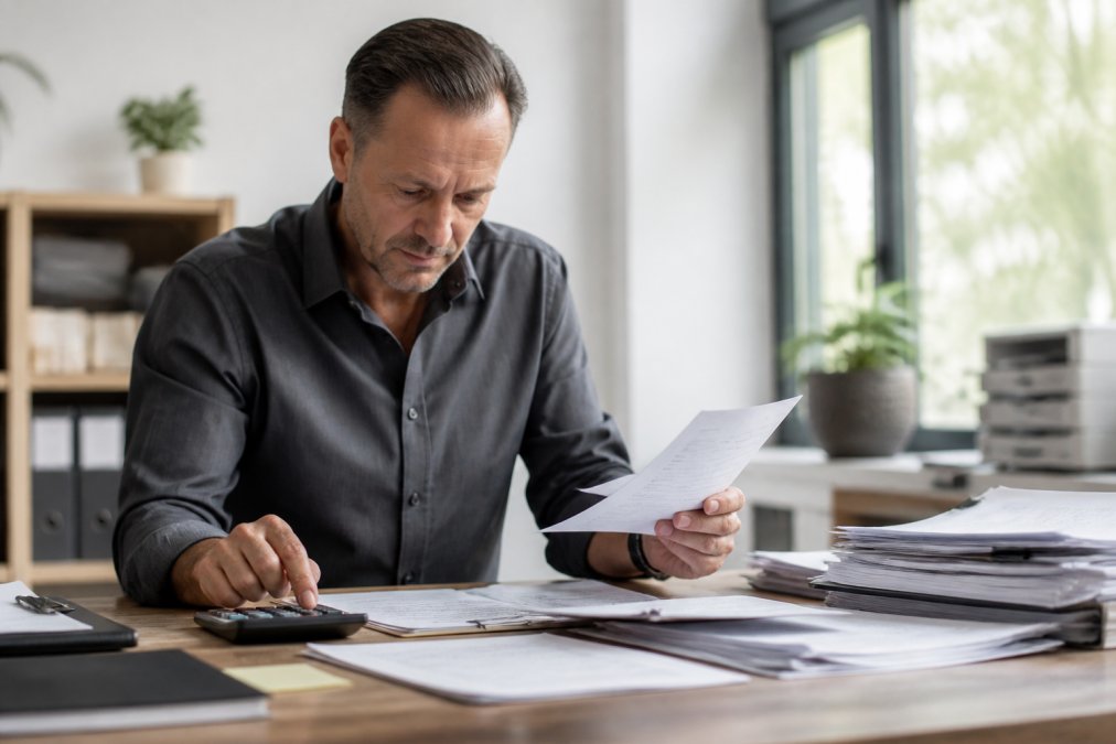Small business owner reviewing financial documents and loan paperwork at a desk with a calculator and computer, natural office lighting