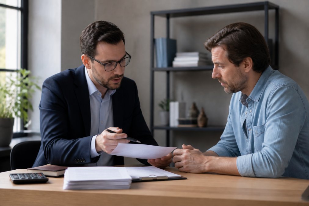 Professional financial advisor meeting with a small business owner in an office setting, discussing loan documents and financial statements
