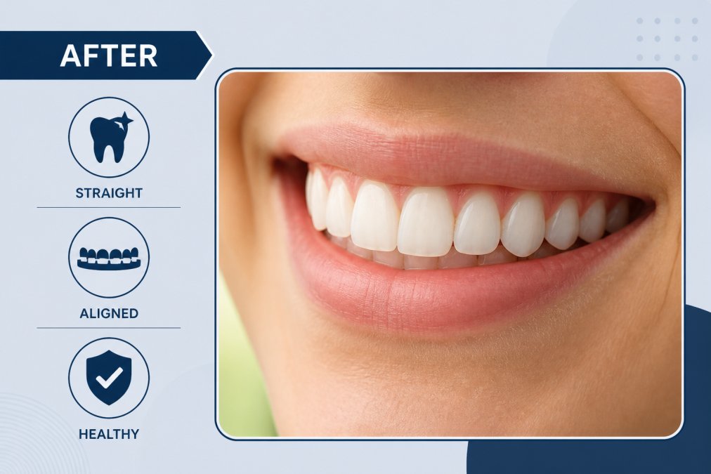 Close-up of a person's smile showing straight, perfectly aligned teeth after orthodontic treatment in natural daylight, with healthy gum tissue visible