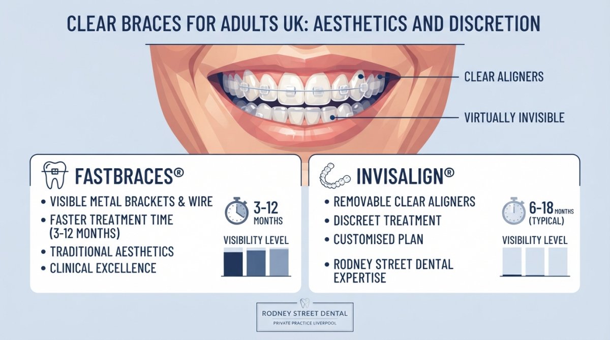 Close-up of an adult's smile showing clear Invisalign aligners on upper and lower teeth with natural lighting in professional clinical setting