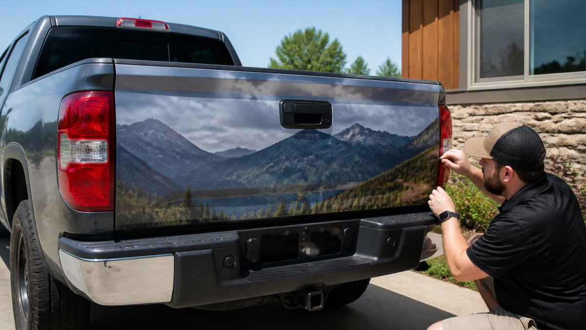 A person inspecting the edges of a custom vinyl graphic applied to a pickup truck tailgate in a sunny driveway
