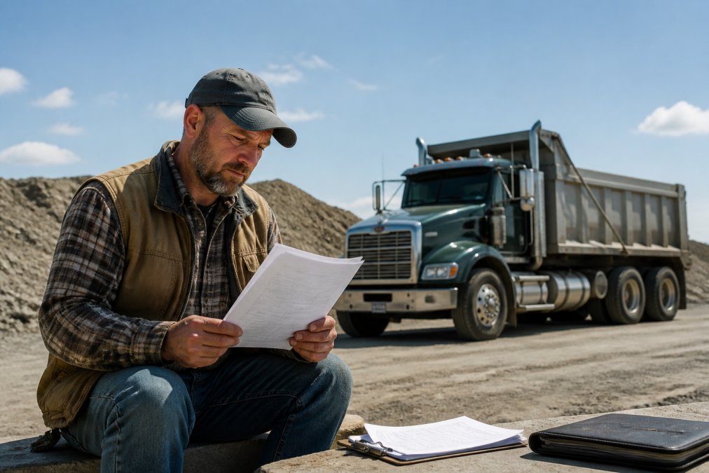 Construction business owner reviewing dump truck financing documents on a laptop at an active job site