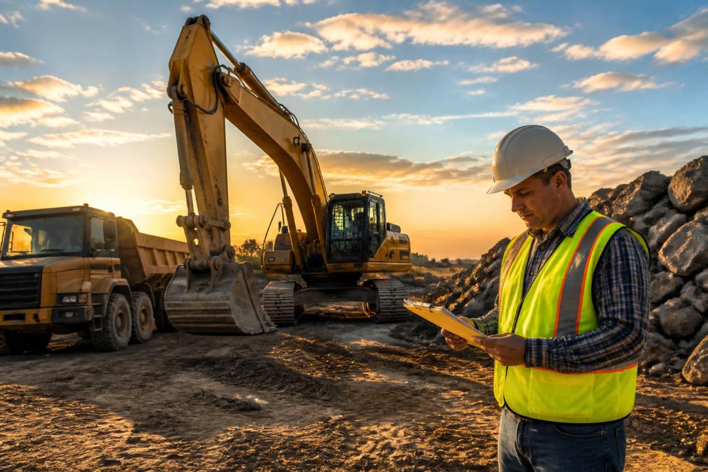 Foreman reviews heavy equipment financing paperwork near an excavator and dump truck at a construction site.