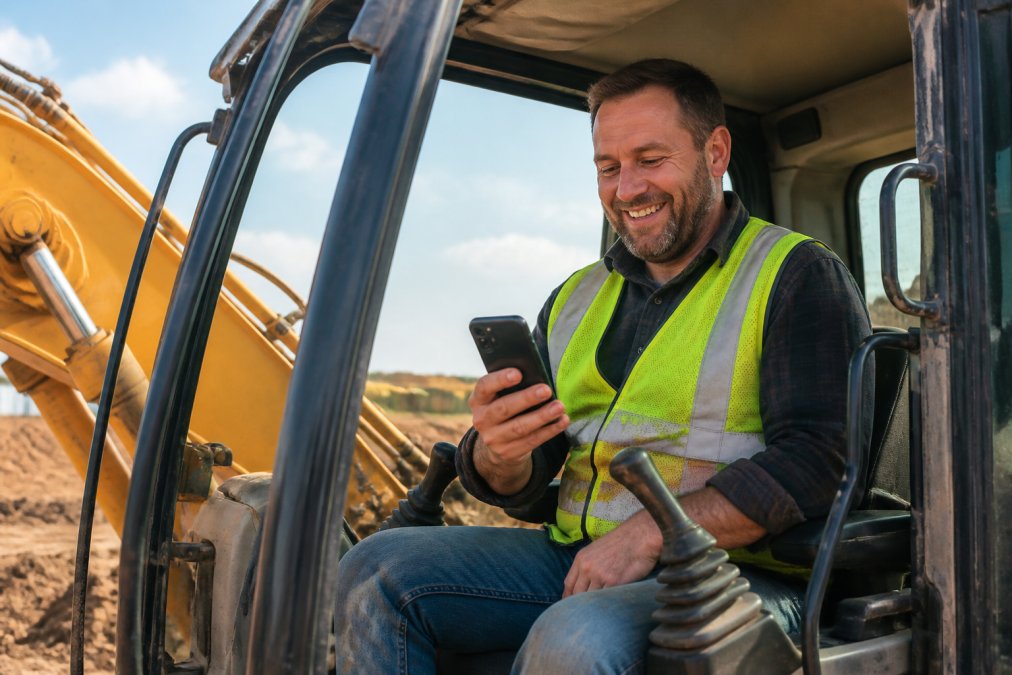 Construction business owner checking a heavy equipment lender approval on a smartphone inside an excavator cab