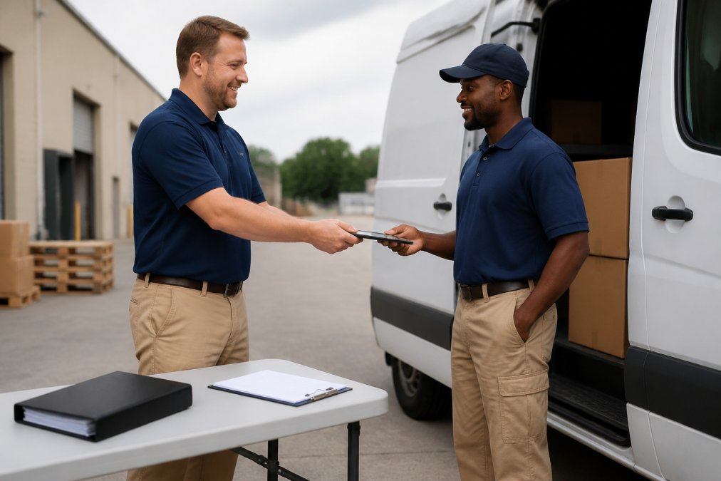 A hiring manager in a polo shirt handing a tablet with a digital onboarding form to a new delivery driver standing beside a delivery van, with a clipboard and documents on a nearby table in a warehouse yard