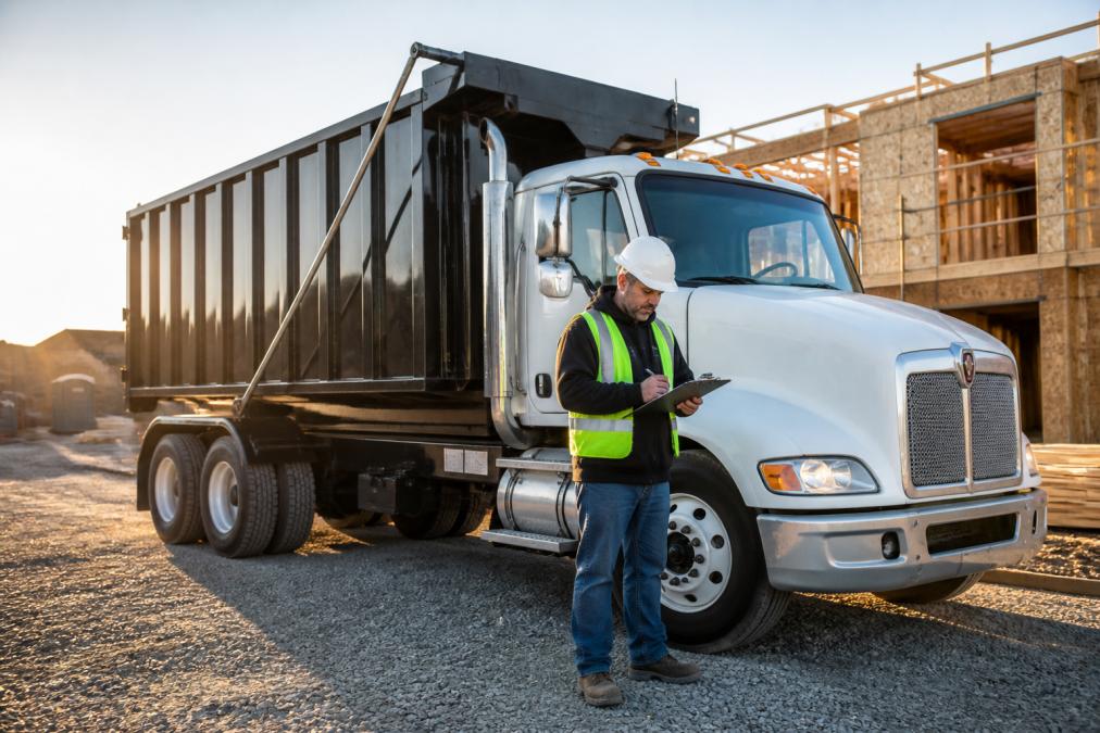 Driver reviewing paperwork by a roll off truck at a construction site, highlighting why roll off truck financing speed