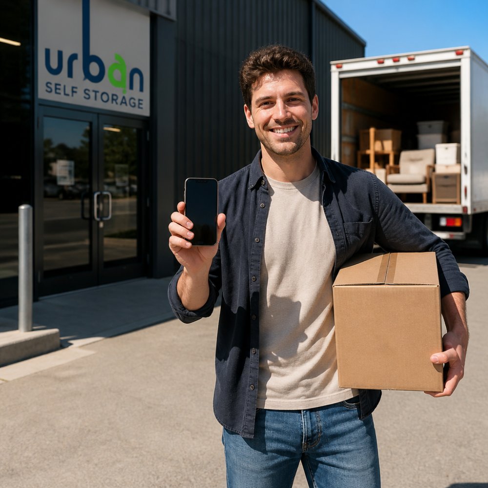 A person in casual clothing standing at a self storage facility entrance, holding a smartphone showing a booking confirmation, with a moving truck visible in the background under clear daylight