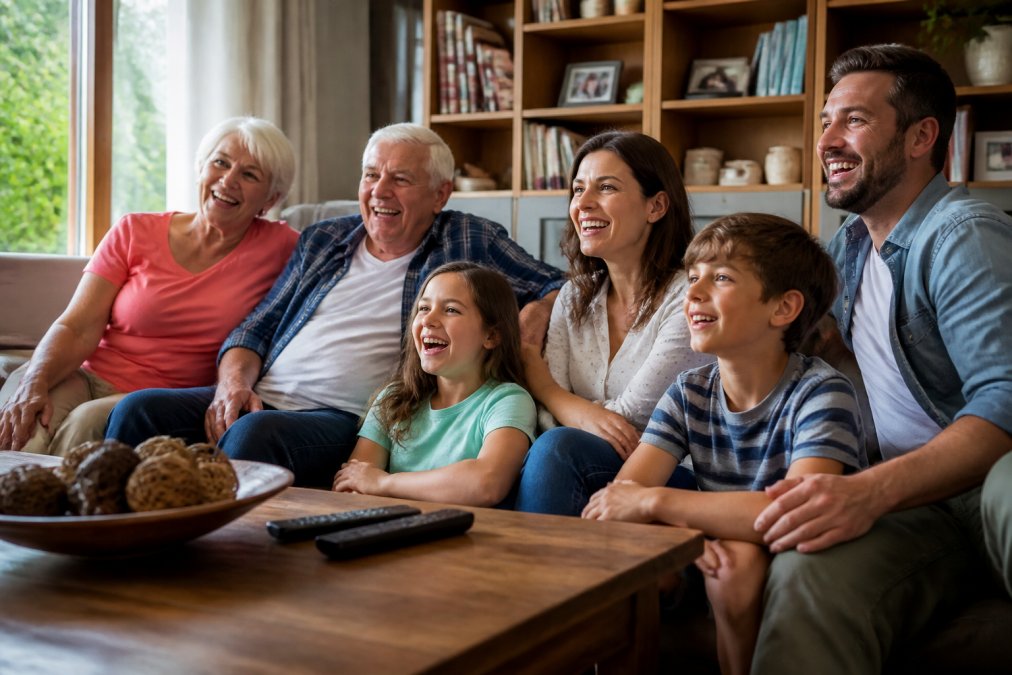Family gathered around a modern television screen, smiling while watching newly digitised home video footage in a bright, comfortable living room