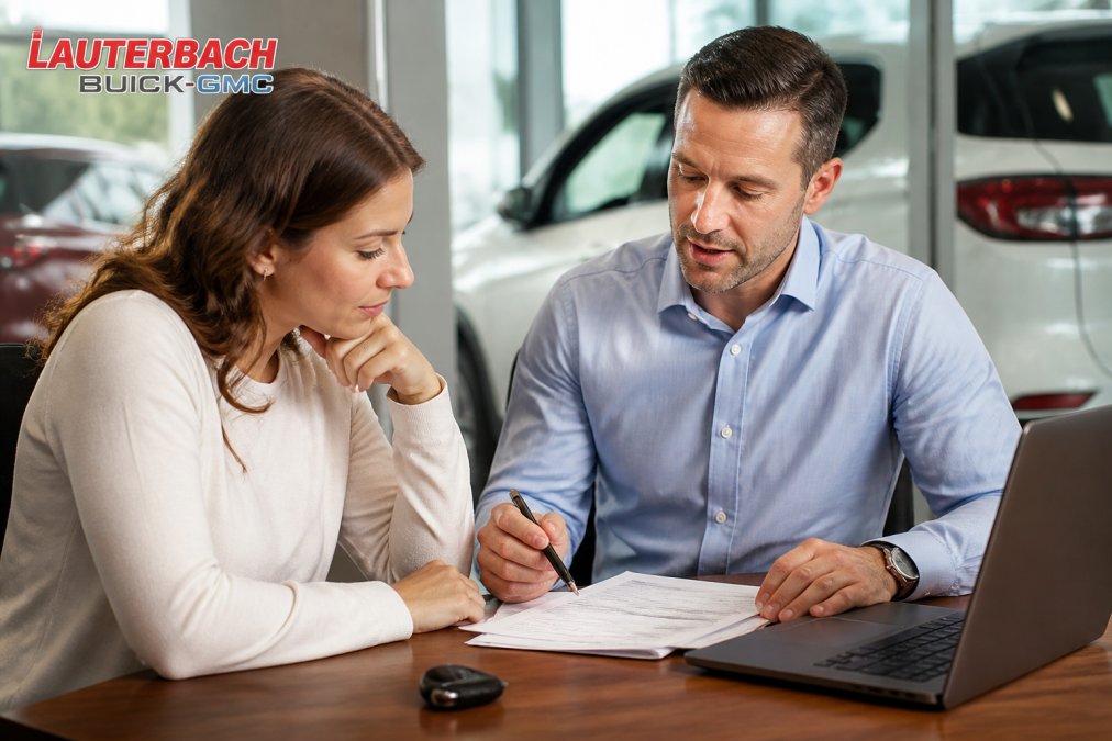 Customer sitting at a desk with a laptop, reviewing loan documents and credit information with a professional sales representative in a bright, modern office setting