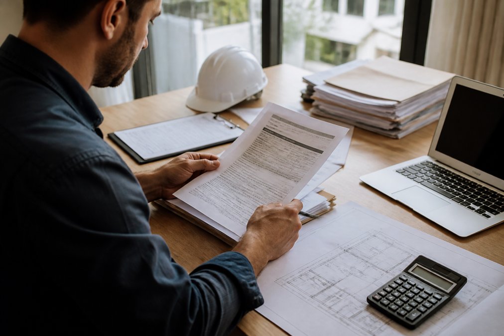 Real estate investor reviewing loan documents and a timeline on a desk with a laptop, calculator, and construction project blueprints in natural office lighting