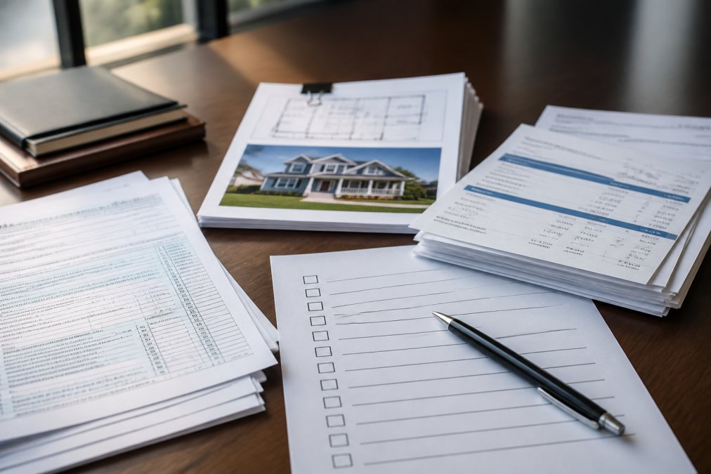 Close-up of organized documents including tax returns, property appraisals, and bank statements spread on a desk with a pen and checklist in professional office lighting