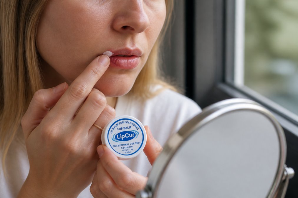 Close-up of a person's lips showing the progression from early tingling to a developing blister, with a hand gently applying topical treatment cream at the first sign of irritation in natural window lighting