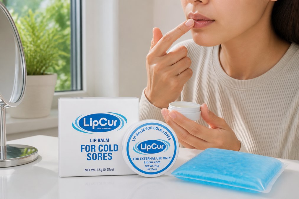 Person's hand applying soothing topical cream to their lip at the first tingling sensation, with a cold compress and LipCur product visible on a clean white surface, natural daylight streaming through a window