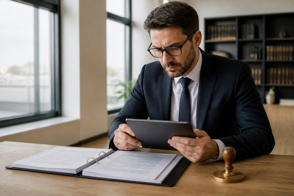 A business professional reviewing German legal documents on a tablet in a bright modern office, with a notary seal stamp visible on the desk beside them