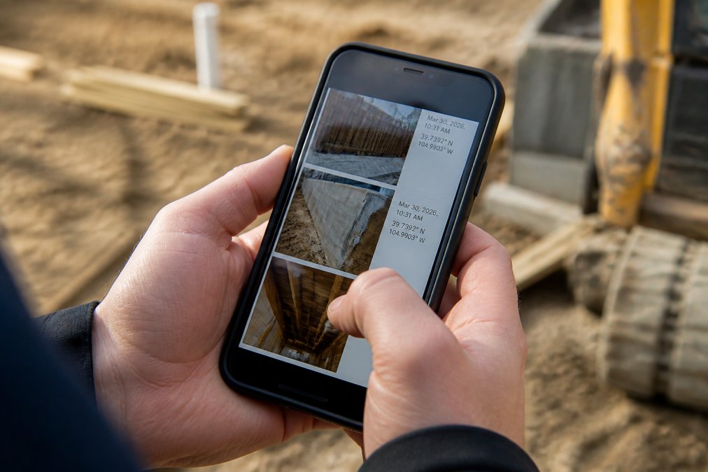 Close-up of smartphone screen showing geotagged inspection photos with timestamps and location data visible, inspector's hands reviewing the images on-site