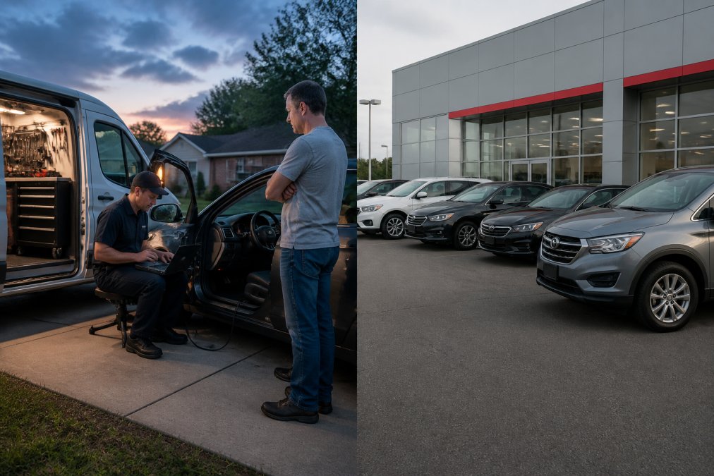 Mobile locksmith technician using a laptop to replace car keys for a customer in a driveway at dusk