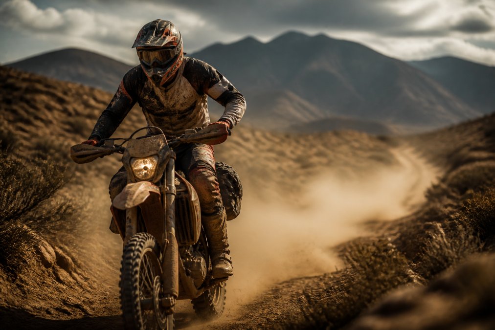 Off-road motorcycle rider in full technical gear navigating dusty desert trail with mountains in background, wearing jersey, pants, and gloves covered in trail dust