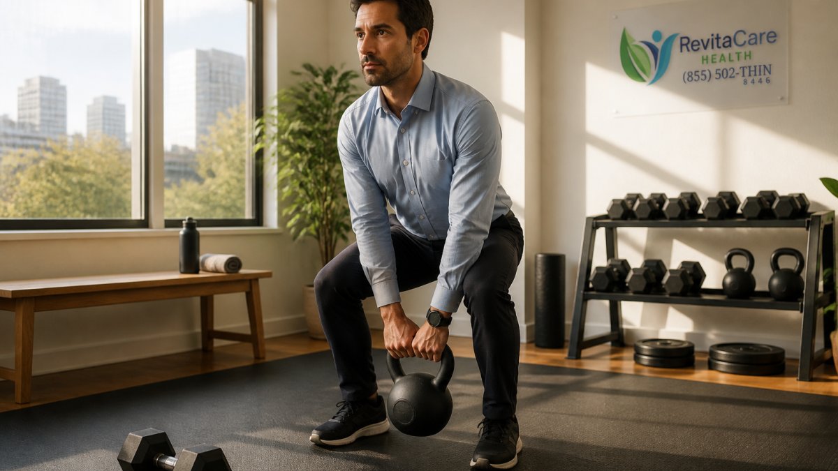 Professional in business casual attire doing kettlebell exercises to support fat loss for busy professionals.