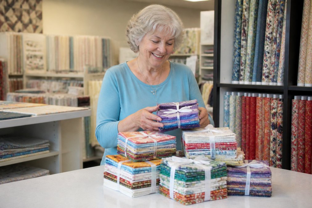 A smiling woman in her 60s sorting through a stack of colorful fat quarter bundles at a bright, organized quilting shop counter, with bolts of fabric visible in the background