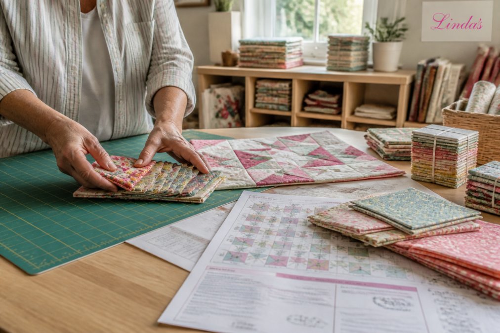 Quilter's hands arranging colorful fat quarter fabrics on a cutting mat with printed pattern instructions and a partially completed quilt block visible, natural window lighting illuminating the workspace
