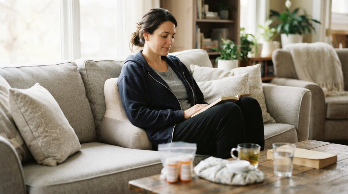 Woman in comfortable recovery clothing sitting on a couch with supportive pillows, appearing relaxed during early post-operative recovery period with soft natural lighting
