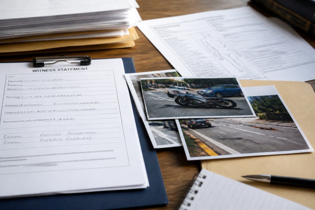 Close-up of evidence laid out on table including witness statements, medical records, accident scene photographs, and legal documents in natural office lighting