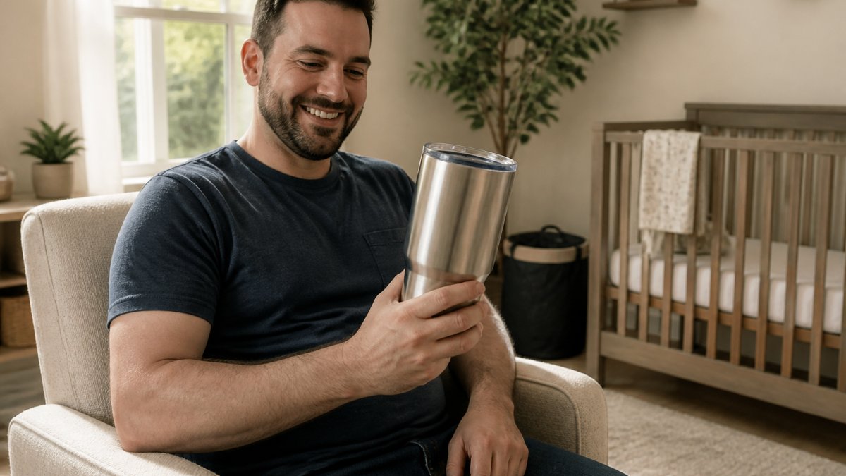 A smiling expectant father in a cozy living room holding a new 40oz stainless steel tumbler, with a baby crib partially visible in the background