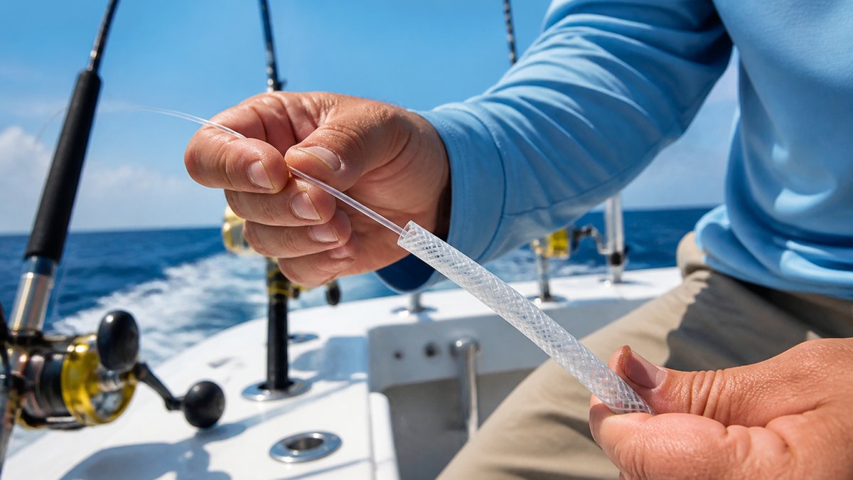 Close-up of an angler's hands sliding clear chafe tubing over a heavy monofilament leader on a boat deck, offshore water and rod holders blurred in the background, bright midday light