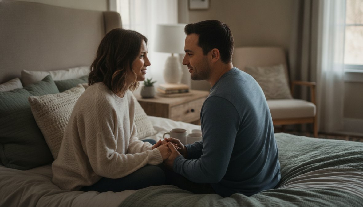 Couple having intimate conversation in comfortable bedroom setting, showing emotional openness and connection through body language and eye contact