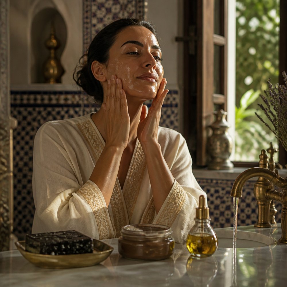 A woman in a serene bathroom applying golden argan oil to her face, with a black soap bar and clay mask jar on a marble counter beside her, soft natural light streaming through a window