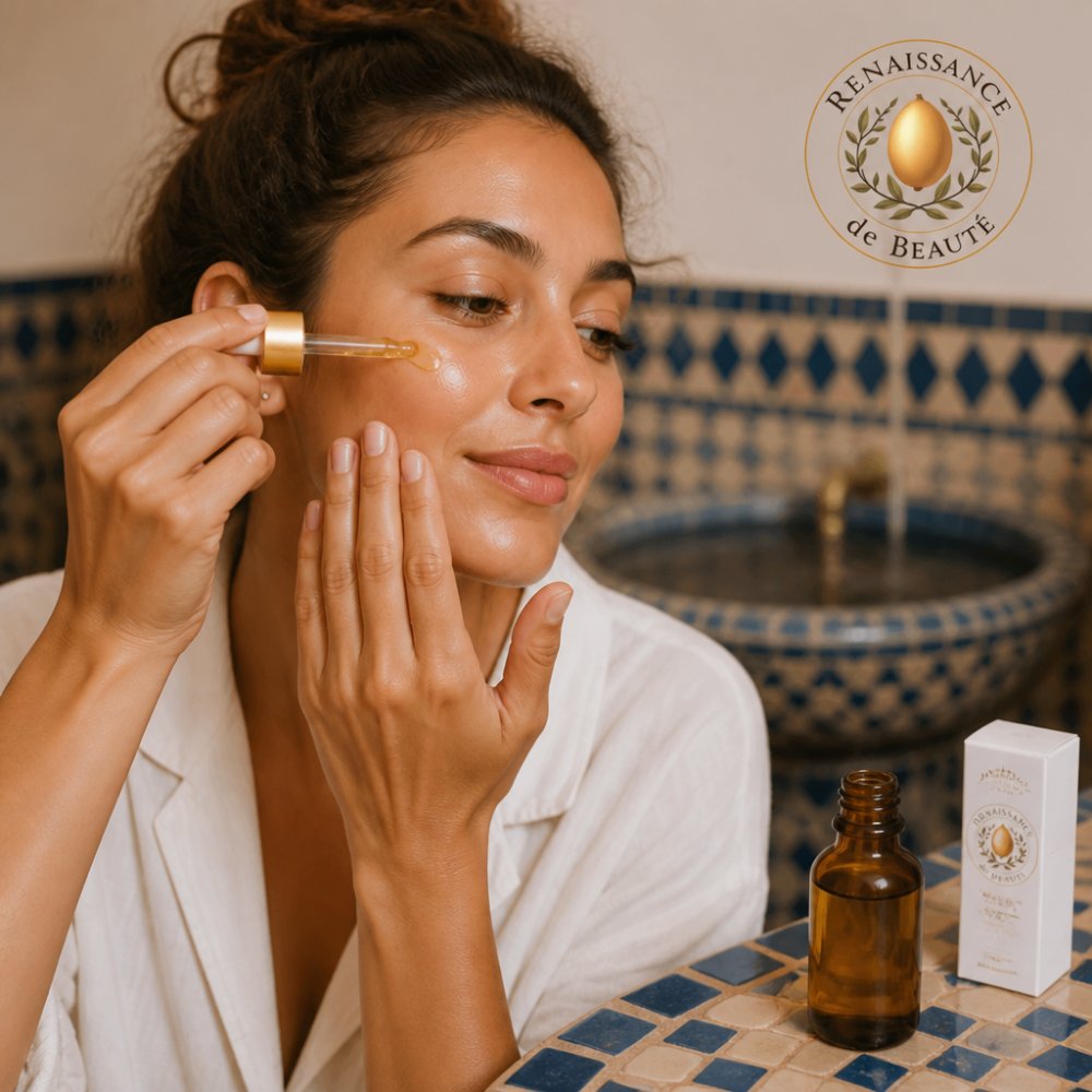 Woman applying golden argan oil to her cheek with glowing, hydrated skin in warm natural lighting, hands demonstrating proper application technique