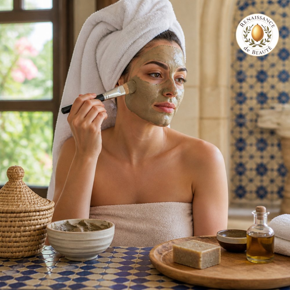 Woman applying thick clay mask to her face with a brush, relaxed in spa setting with towel wrapped around head, natural light from window showing clay texture and application technique