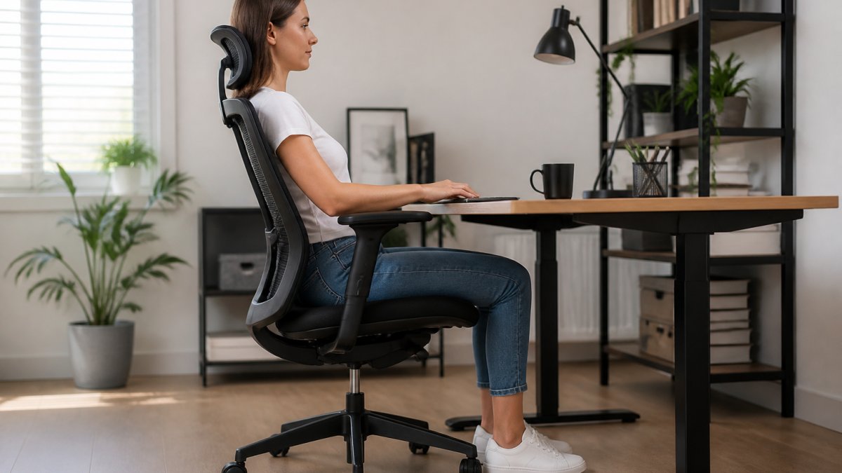 Person sitting in a reclining office chair in a working position, showing correct posture with the backrest slightly reclined and feet flat on the floor